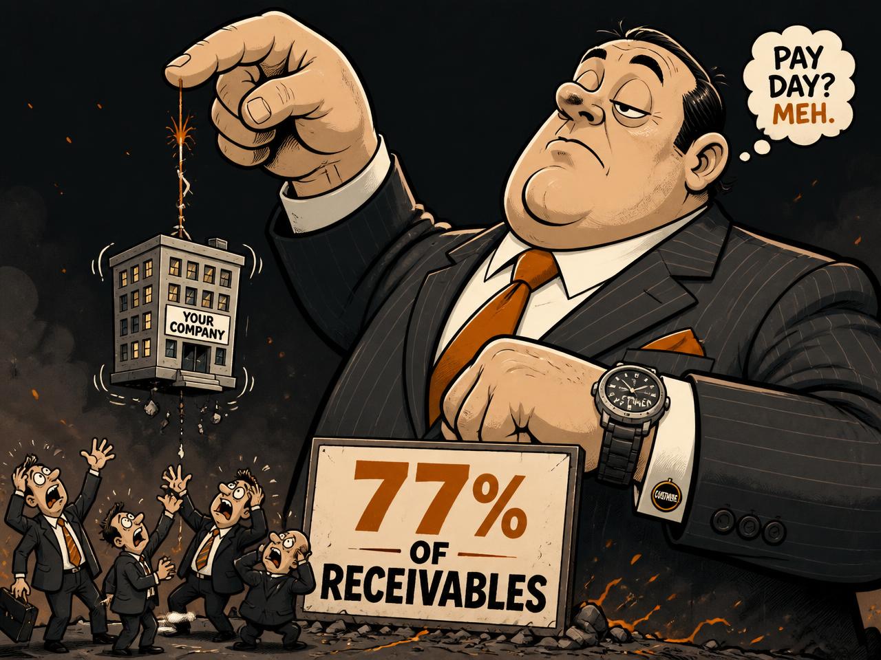 Cartoon: a giant bored customer dangling a tiny office building from a thread above panicking staff, sign reads 77% of receivables