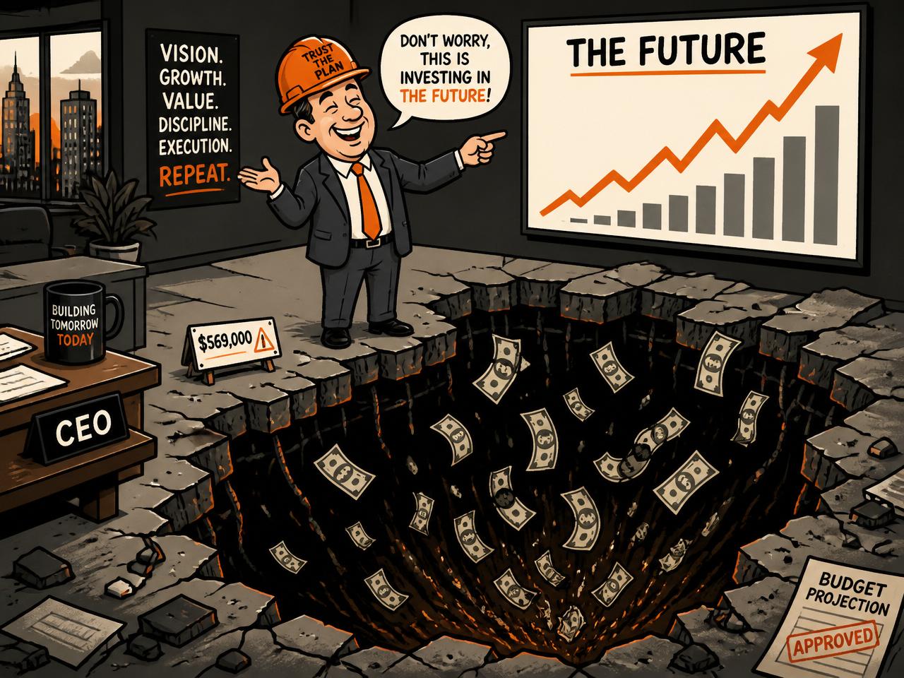 Cartoon: a businessman cheerfully pointing at a growth chart beside a $569,000 hole in the office floor