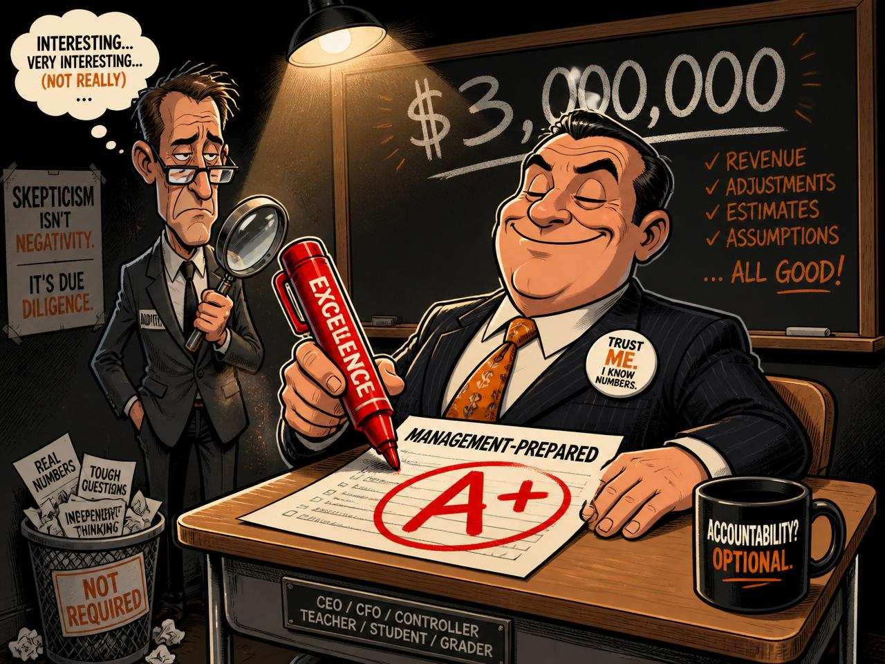 Cartoon: a smug buyer grading his own exam paper with a giant red A+