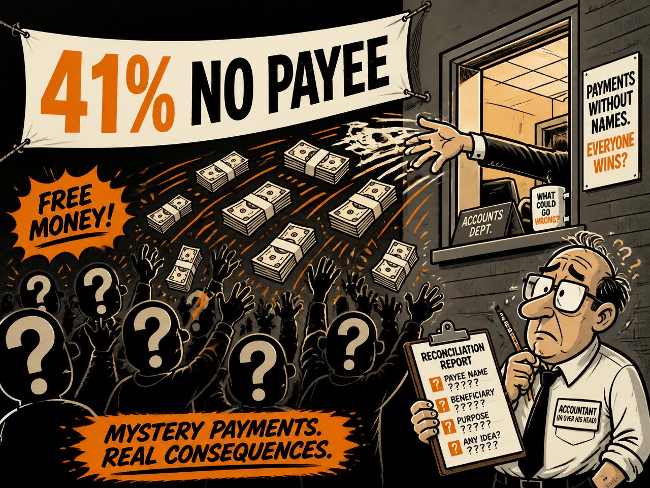 Cartoon: cash flying out a window to faceless figures with question-mark heads under a banner reading 41% no payee