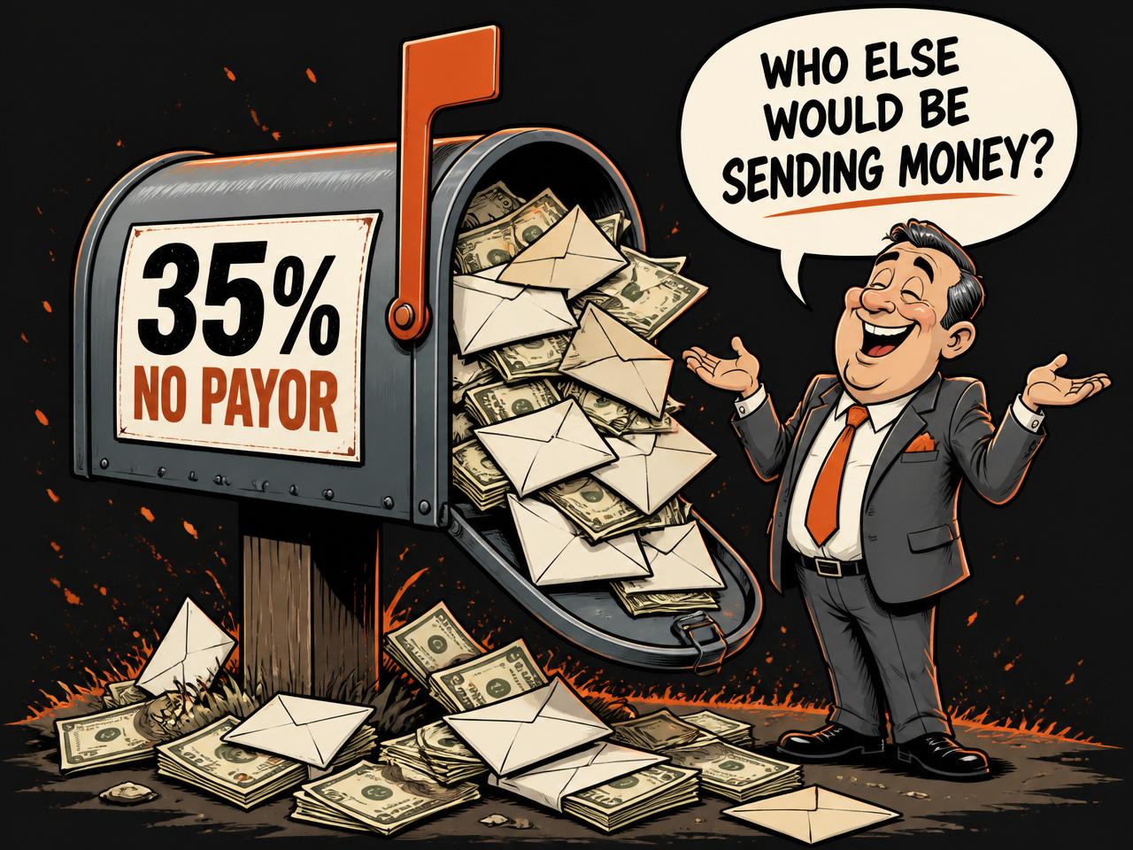 Cartoon: a mailbox stuffed with unsigned cash envelopes labeled 35% no payor
