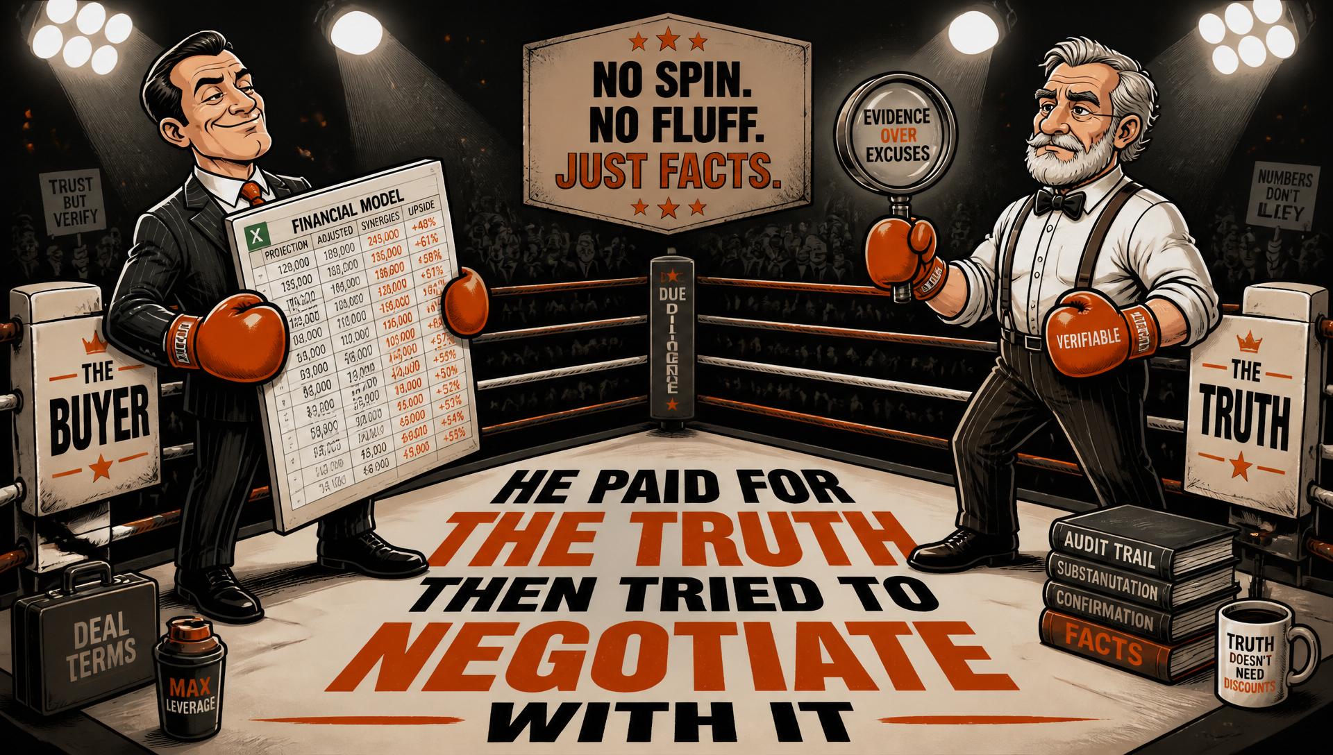 Cartoon boxing poster: The Buyer versus The Truth
