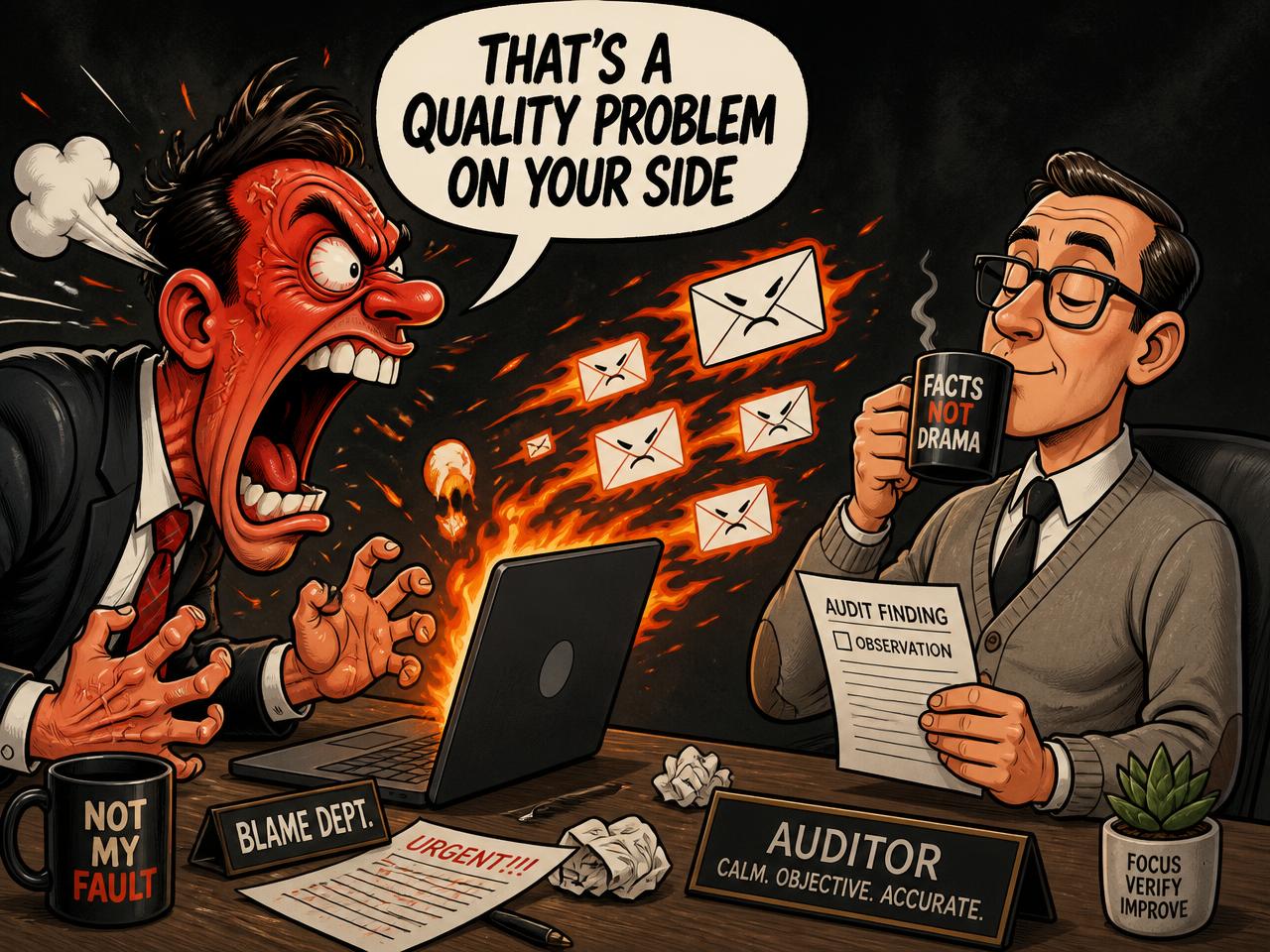 Cartoon: a red-faced buyer screaming flaming emails at a calm auditor drinking coffee
