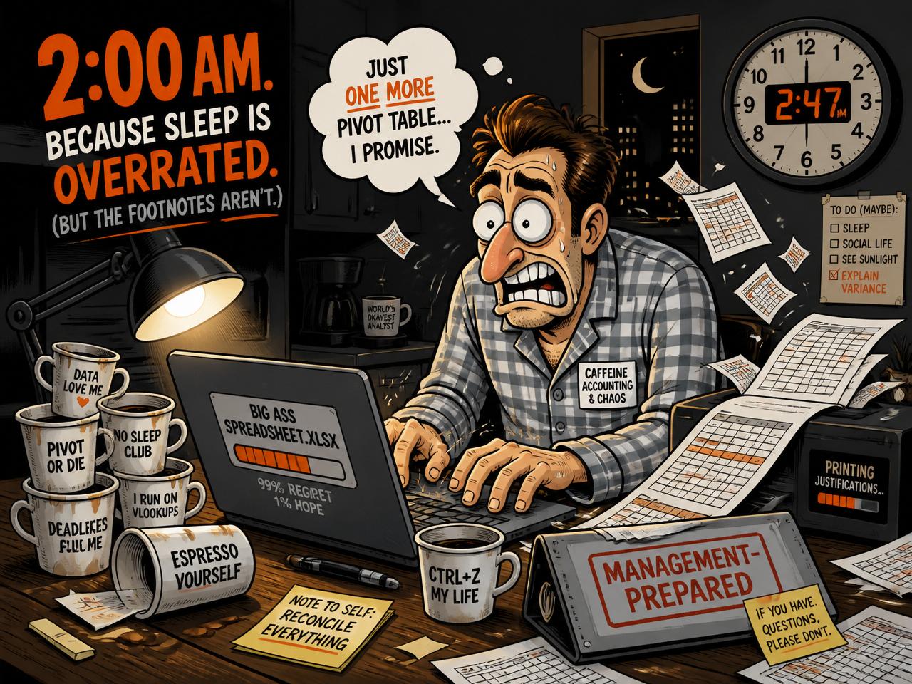 Cartoon: a man in pajamas building a spreadsheet at 2:47 AM surrounded by coffee mugs